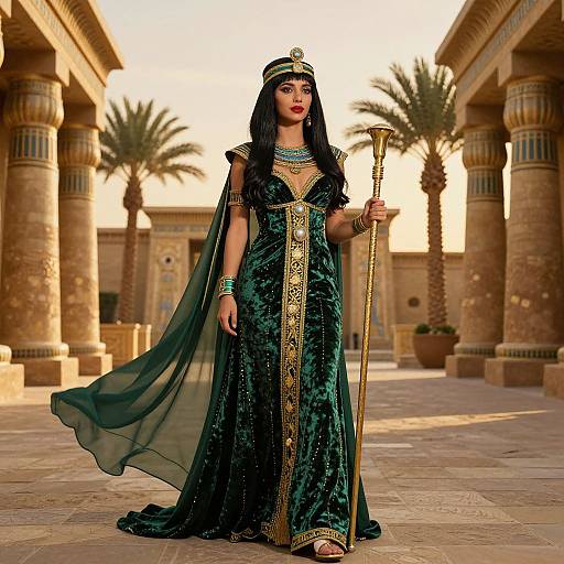 Photograph of an ornately dressed Middle Eastern woman in a green velvet robe, holding a gold staff, standing in a sunlit ancient courtyard with palm