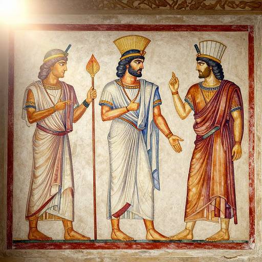 Ancient Egyptian mural depicting three bearded men in robes and headdresses, one holding a staff, engaged in conversation. Colorful, classical style.