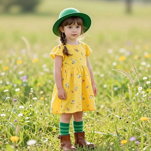 Photograph of a young girl in a yellow floral dress, green hat, green striped socks, brown boots, standing in a sunlit meadow with