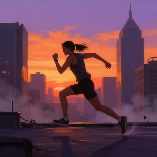 Digital illustration of a silhouetted woman jogging on a rooftop at sunset, with orange sky, city skyscrapers, and smoke in the background