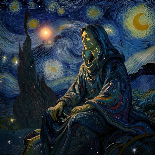 Digital painting of a hooded figure with glowing eyes, sitting under a starry, swirling night sky with moons and stars.