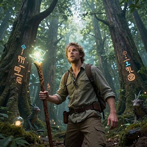 Photograph-like CGI of a rugged, bearded man with messy hair holding a glowing staff in a mystical forest, wearing a green shirt and brown pants