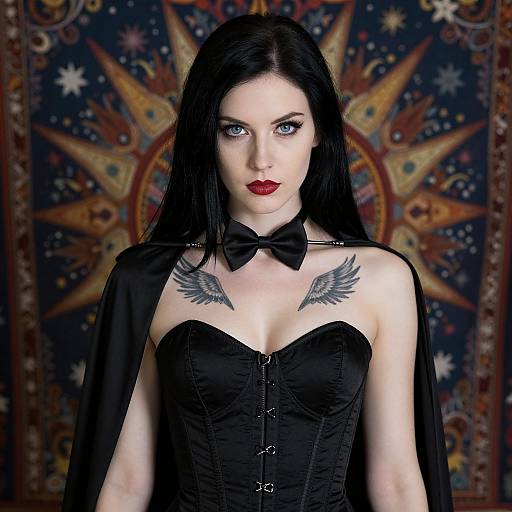 Photograph of pale-skinned, black-haired woman with blue eyes, red lipstick, black corset, bow tie, feathered chest tattoos, and