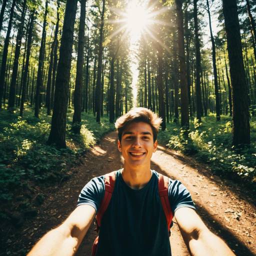 Young man selfie on sunlit forest trail