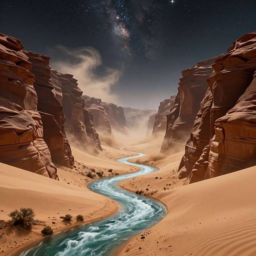 Photorealistic CGI of a glowing river winding through towering red rock canyons under a star-filled night sky with the Milky Way.