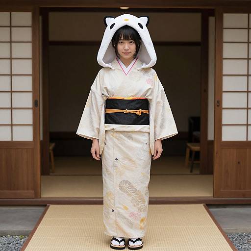 Japanese woman in white kimono with bear hood stands in traditional wooden doorway, black obi, floral pattern, white sandals.
