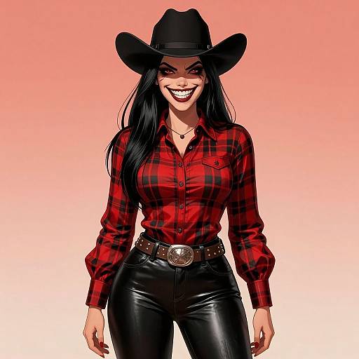 Digital illustration of a confident woman with long black hair, wearing a black cowboy hat, red plaid shirt, black leather pants, and a brown belt