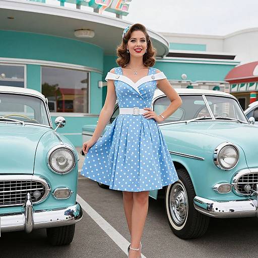 Photograph of a smiling woman in a blue polka dot 1950s-style dress, standing between two mint green vintage cars, in front of