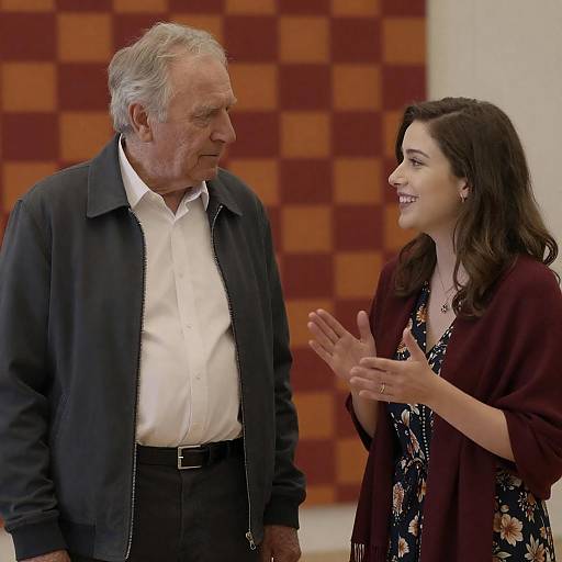 Photograph of elderly man with gray hair, black jacket, white shirt, and woman with dark hair, maroon cardigan, floral dress, smiling