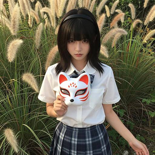 Young Woman in Field with Fox Mask