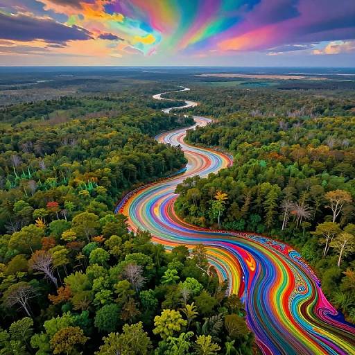Aerial photograph of a winding river through a dense forest, illuminated by vibrant, rainbow-colored light trails in a dramatic, multicolored sunset sky.