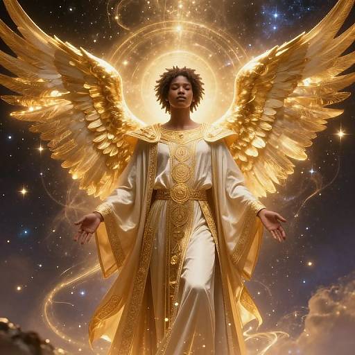 Photorealistic digital artwork of a radiant, golden-winged male angel with dark hair, wearing an ornate white and gold robe, standing against a