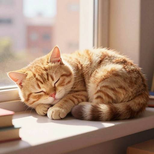 Photograph of a fluffy, orange tabby cat with closed eyes and relaxed expression, sleeping on a sunlit windowsill. Bright sunlight casts soft shadows