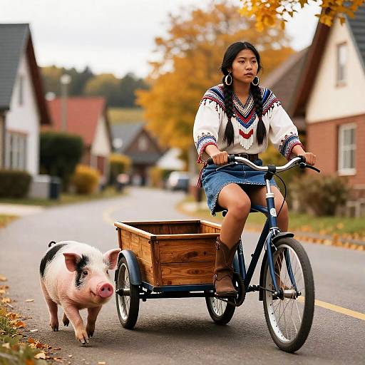 Indigenous Woman Riding Cargo Tricycle with Pot-Bellied Pig