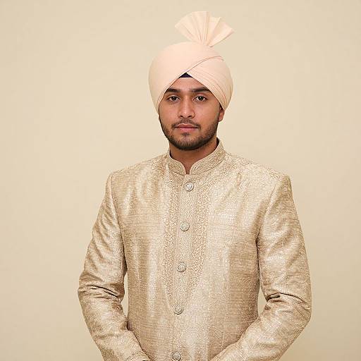 Photograph of a young South Asian man with a medium build, wearing a beige turban and matching shalwar kameez, standing against a