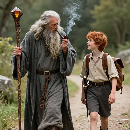 Photograph of an elderly white wizard with long white beard, gray robe, and wooden staff, smoking, walking with a young red-haired boy in brown