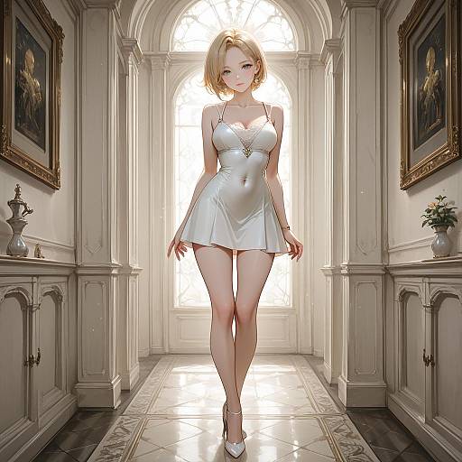 Blonde Woman in White Dress Standing Indoors