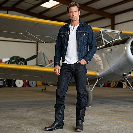 Photograph of a handsome man with short brown hair, wearing a blue denim jacket, white shirt, black jeans, and boots, standing confidently in front