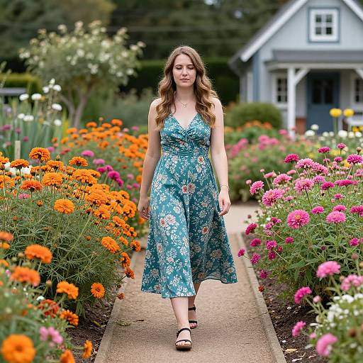 Photograph of a smiling woman with long brown hair in a blue floral dress walking down a garden path lined with vibrant orange, pink, and yellow flowers