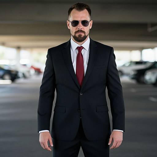 Photograph of a serious, bearded man in a black suit, white shirt, red tie, and sunglasses, standing in a dimly lit parking