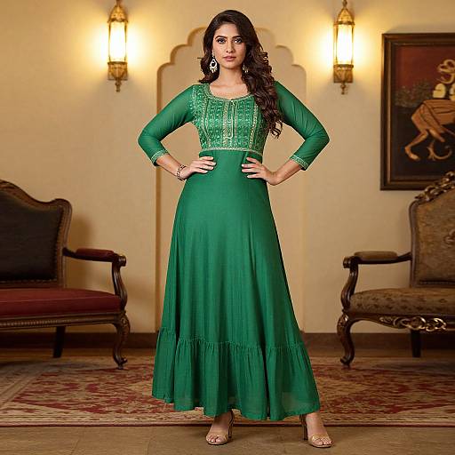 Photograph of a woman with long dark hair, wearing a green, long-sleeve, embroidered lehenga with a pleated hem, standing confidently