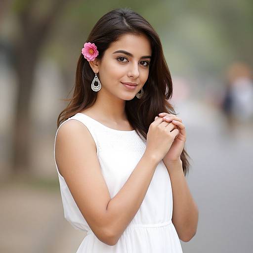 Photograph of a young South Asian woman with dark hair, a pink flower in her hair, white sleeveless dress, and dangling earrings, standing outdoors