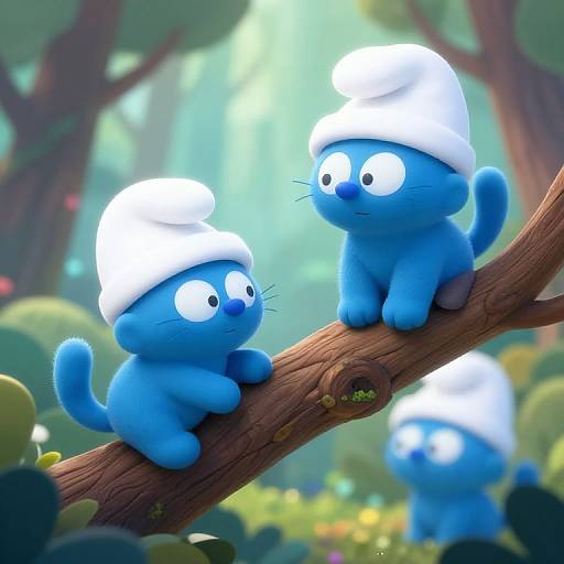 CGI image of two blue, cartoon-style cats with white beanies, sitting on a tree branch in a sunlit forest. One looks up at
