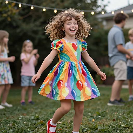 Photograph of a curly-haired, smiling young girl in a colorful, polka-dotted dress dancing in a backyard with string lights, blurred children,