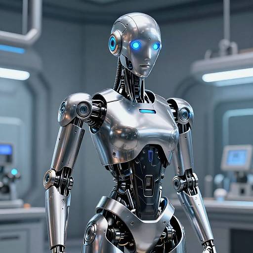 Photorealistic CGI of a shiny, silver humanoid robot with glowing blue eyes in a futuristic, blue-lit laboratory.