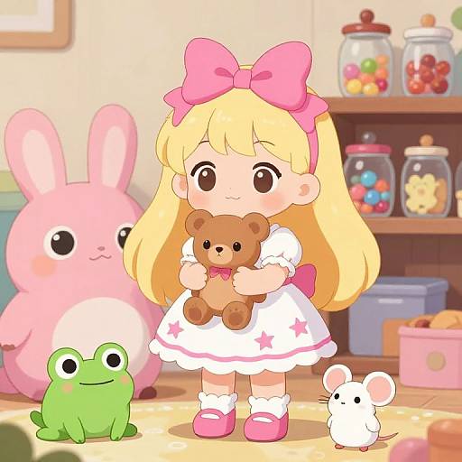 Cute anime-style girl with blonde hair and pink bow, holding teddy bear, stands in colorful room with pink bunny, green frog, and white