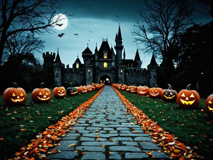 Spooky Pathway to Castle with Pumpkins