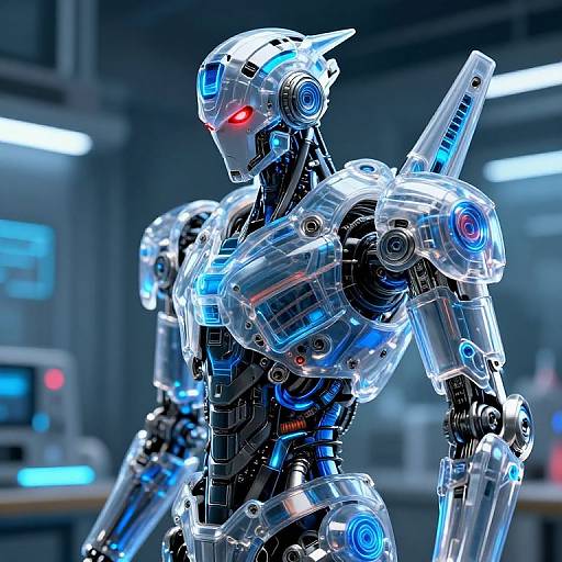 Photorealistic CGI of a futuristic, transparent, blue-accented robotic warrior with red eyes, standing in a high-tech, industrial lab.