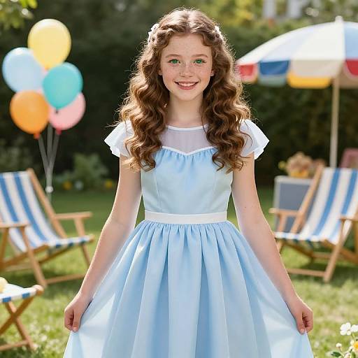 Photograph of a smiling young girl with long curly brown hair in a light blue, short-sleeved, vintage-style dress, standing outdoors in a