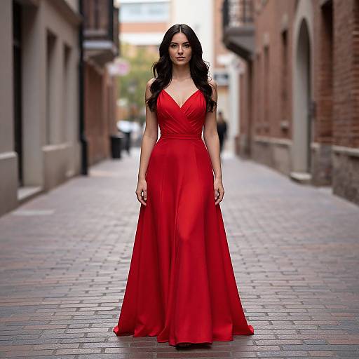 Photograph of a confident woman with long black hair, wearing a vibrant red, V-neck, floor-length gown, walking down a cobblestone alley