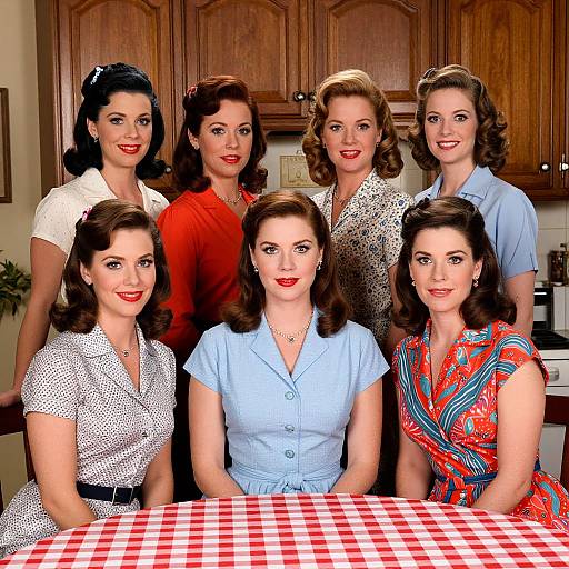 Vintage photograph of six smiling women in 1950s-style dresses, standing and sitting around a red-checkered table in a wooden kitchen.