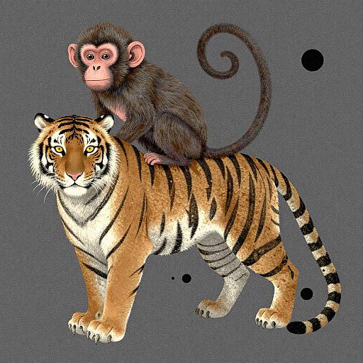 Digital illustration of a baby monkey perched on a standing tiger with vivid orange, black stripes, and a gray background.