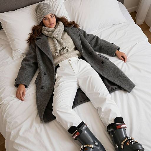 Photograph of a woman with long brown hair, wearing a gray knit hat, scarf, coat, white pants, and black snow boots, lying on