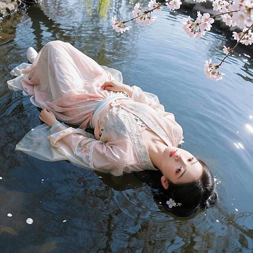 Serene River Scene with Cherry Blossoms