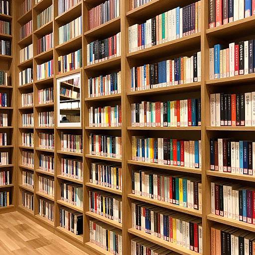 Photograph of a large, wooden bookshelf filled with colorful books, arranged in neat rows, with a modern, geometric metal sculpture in the center.