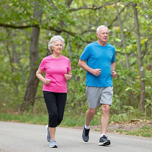 Photograph of an elderly white couple jogging on a forest path; woman in pink shirt and black pants, man in blue shirt and gray shorts.