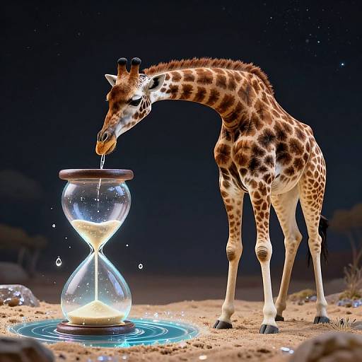 Photorealistic CGI of a giraffe drinking from a glowing hourglass on a sandy desert floor under a dark night sky.