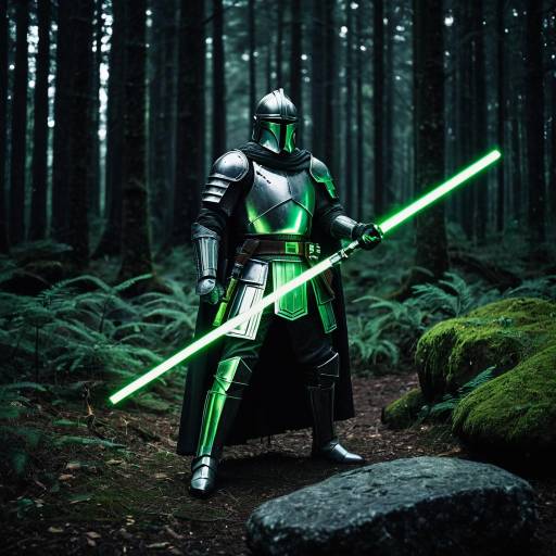 Armored Knight with Green Lightsaber in Forest