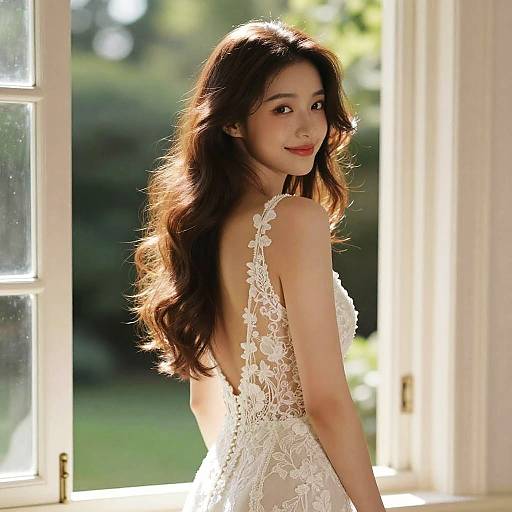 Photograph of an Asian woman with long brown hair, wearing a white lace backless dress, standing by a sunlit window.