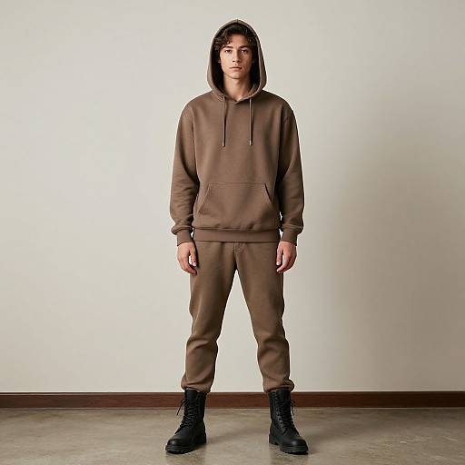 Photograph of a young man with straight black hair, wearing a brown hoodie, matching brown pants, and black boots, standing against a plain white wall