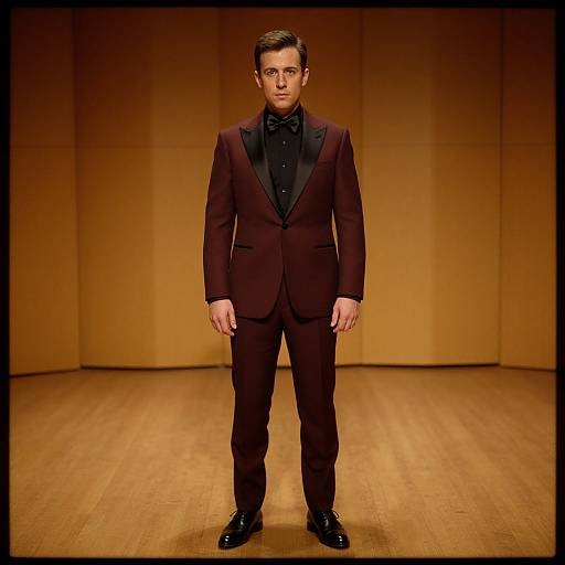 Photograph of a young man with short dark hair, standing in a dimly lit, wooden-walled room, wearing a black-tie maroon