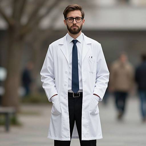 Photograph of a bearded man with glasses, wearing a white lab coat, black tie, and black pants, standing outdoors with hands in pockets,