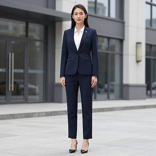Photograph of a young Asian woman with straight black hair, wearing a navy blue suit, white shirt, and black heels, standing in front of a