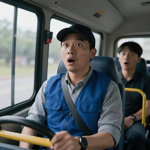 Shocked Bus Driver in Blue Vest
