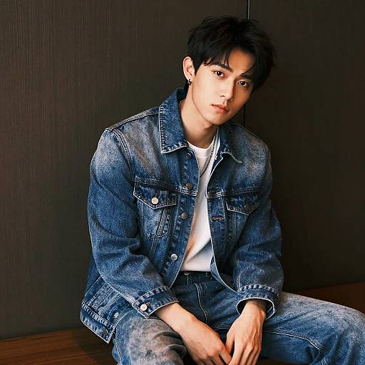 Photograph of an Asian man with short black hair, wearing a blue denim jacket and white t-shirt, sitting against a dark wooden wall.