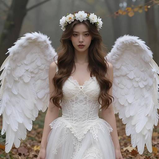 Angel Woman with White Feather Wings in Forest